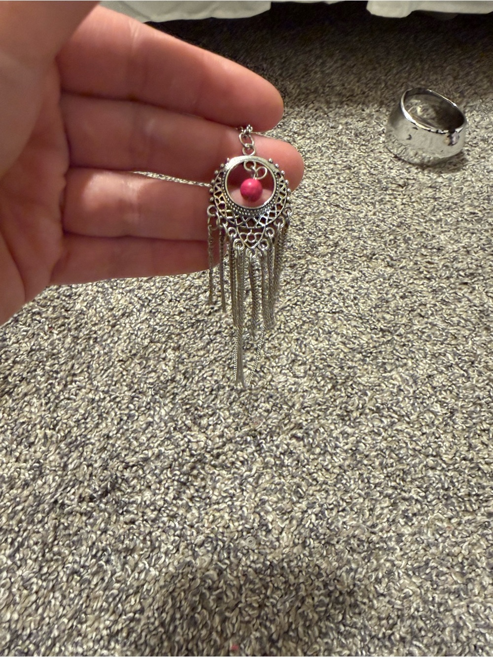 Paparazzi Silver Fringe Pendant Necklace with Pink Bead